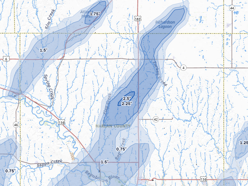 NEXRAD radar-signature map of the hail storm over Orleans, NE on Jun 9, 2026