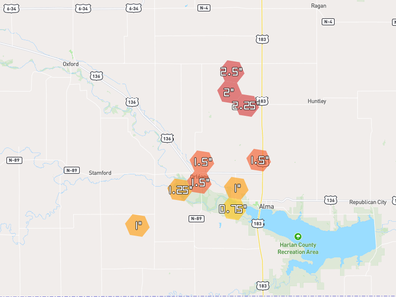 Hail map of Orleans, NE on Jun 9, 2026, hail up to 2.5"