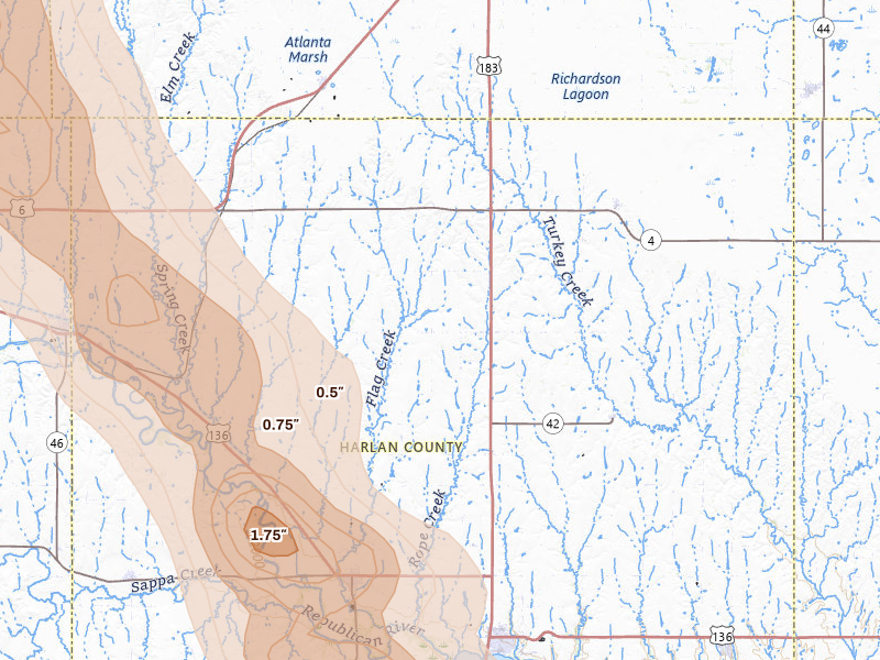 Radar-estimated hail-size map of the storm over Orleans, NE on Jun 24, 2026
