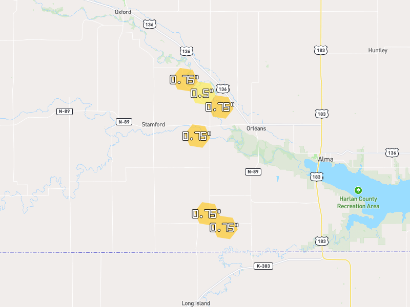 Hail map of Orleans, NE on Jul 1, 2026, hail up to 0.75"