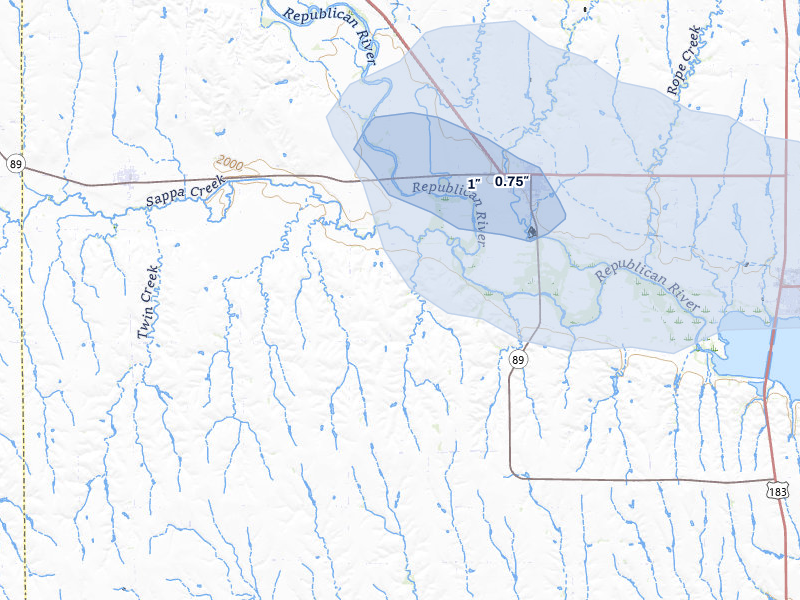 NEXRAD radar-signature map of the hail storm over Orleans, NE on Jul 22, 2026