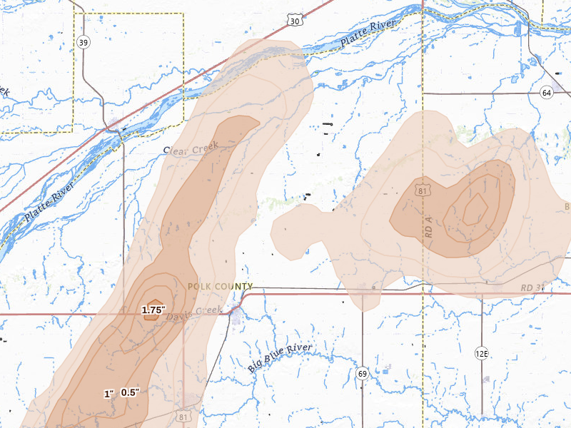 Radar-estimated hail-size map of the storm over Osceola, NE on May 16, 2026