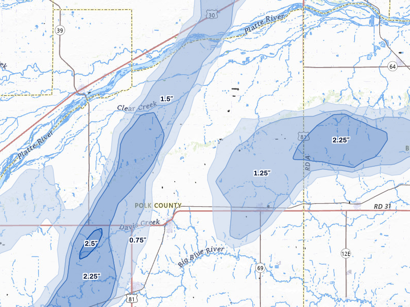 NEXRAD radar-signature map of the hail storm over Osceola, NE on May 16, 2026
