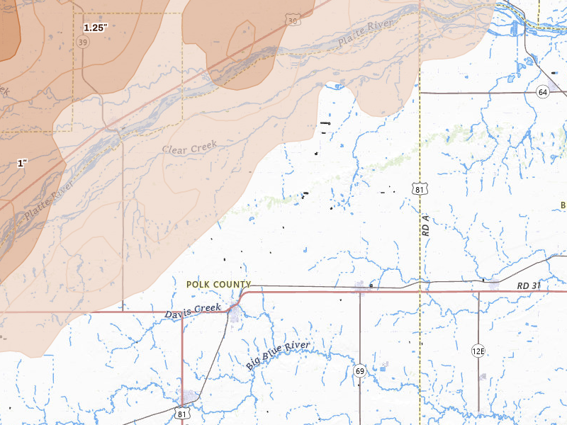 Radar-estimated hail-size map of the storm over Osceola, NE on May 17, 2026
