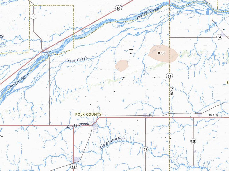 Radar-estimated hail-size map of the storm over Osceola, NE on May 29, 2026