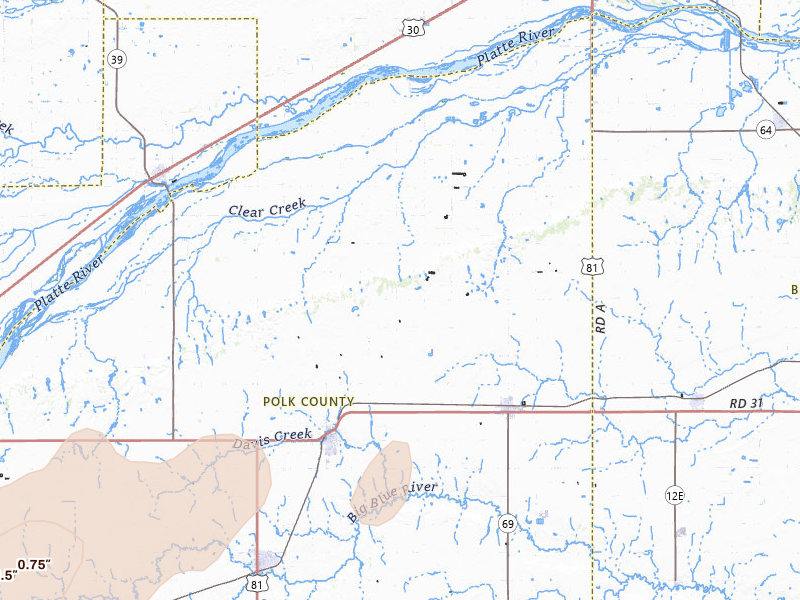 Radar-estimated hail-size map of the storm over Osceola, NE on Jun 9, 2026