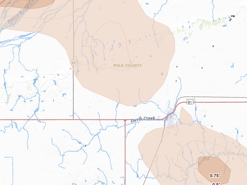 Radar-estimated hail-size map of the storm over Osceola, NE on Aug 19, 2026