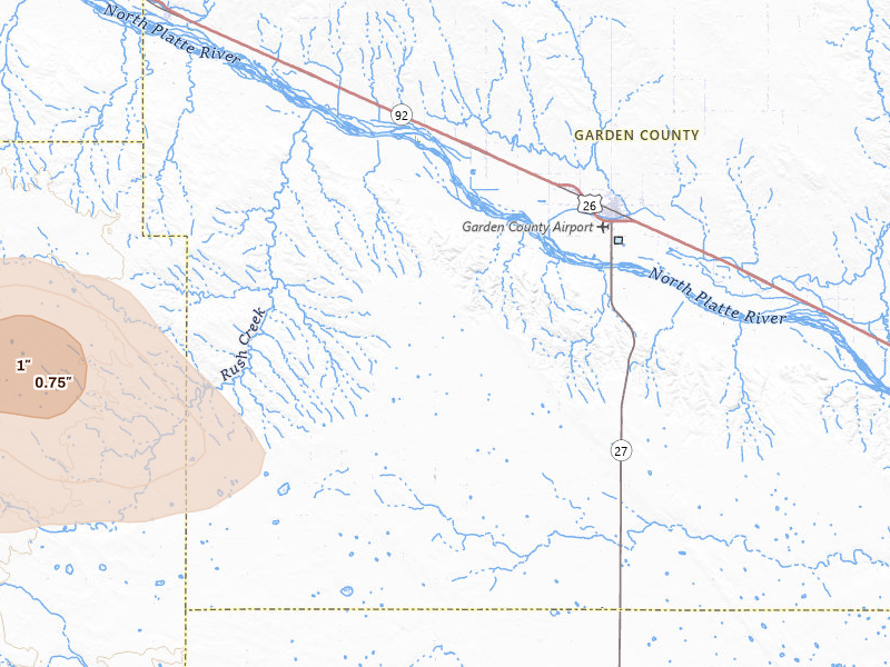 Radar-estimated hail-size map of the storm over Oshkosh, NE on Jun 4, 2026
