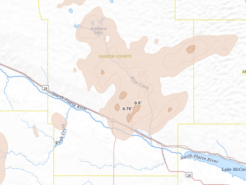 Radar-estimated hail-size map of the storm over Oshkosh, NE on Jun 7, 2026