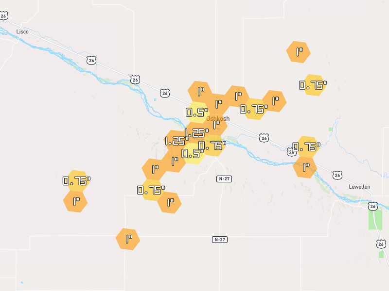 Hail map of Oshkosh, NE on Jul 1, 2026, hail up to 1.25"