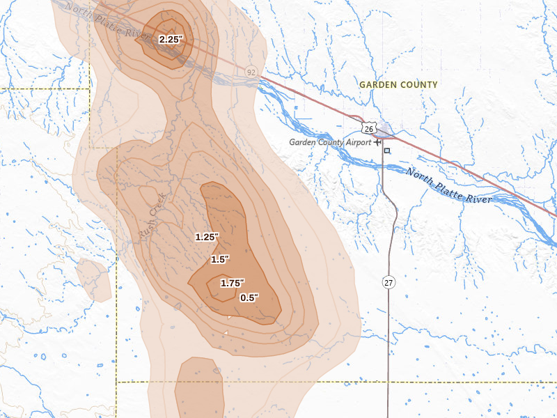 Radar-estimated hail-size map of the storm over Oshkosh, NE on Jul 28, 2026
