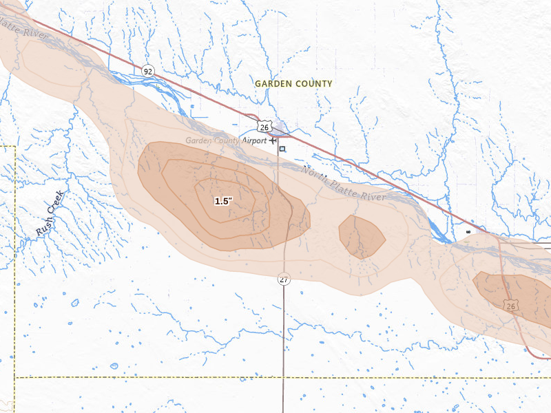 Radar-estimated hail-size map of the storm over Oshkosh, NE on Aug 17, 2026
