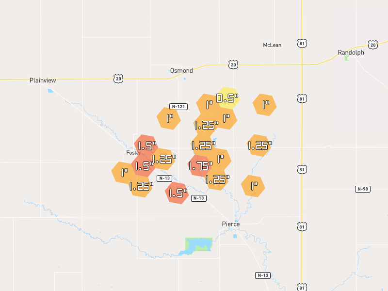 Hail map of Osmond, NE on Jun 30, 2026, hail up to 1.75"