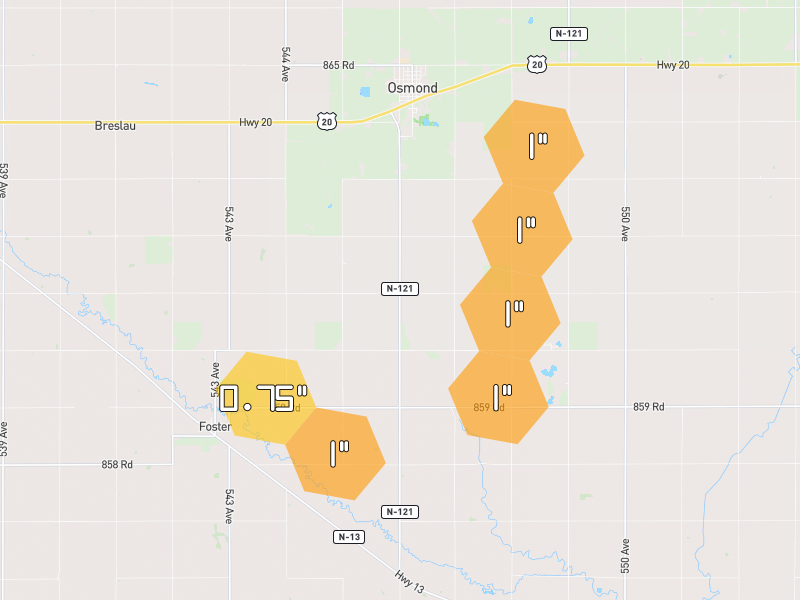 Hail map of Osmond, NE on Jul 1, 2026, hail up to 1"