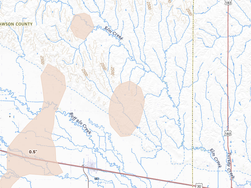 Radar-estimated hail-size map of the storm over Overton, NE on May 29, 2026