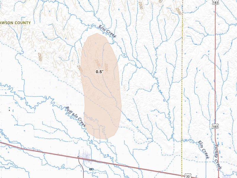 Radar-estimated hail-size map of the storm over Overton, NE on Jun 1, 2026