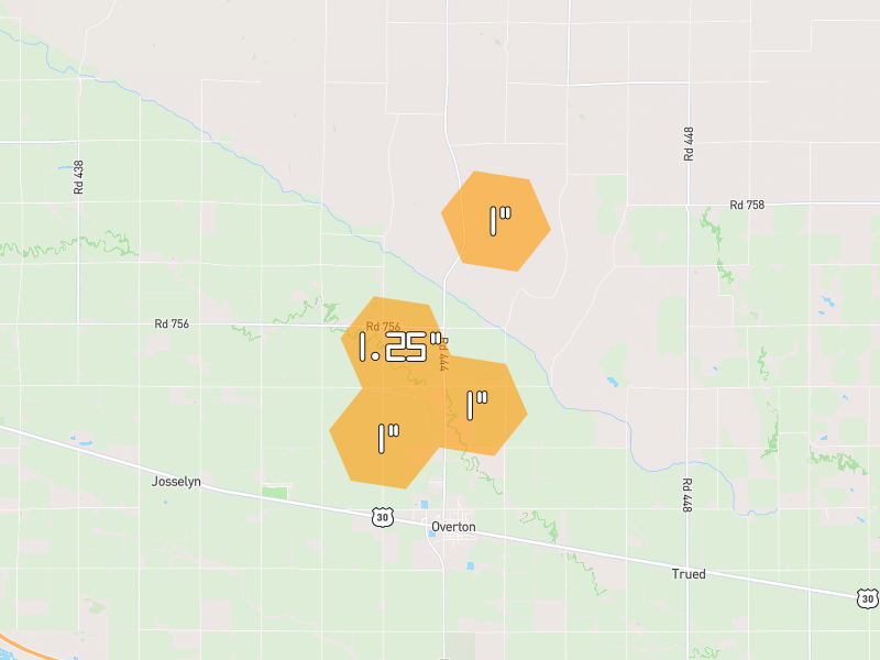 Hail map of Overton, NE on Jun 2, 2026, hail up to 1.25"