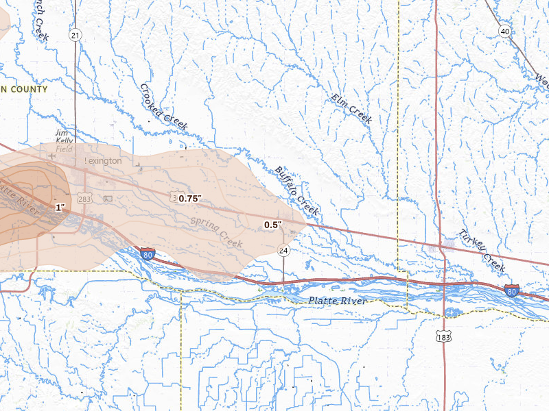 Radar-estimated hail-size map of the storm over Overton, NE on Jun 12, 2026