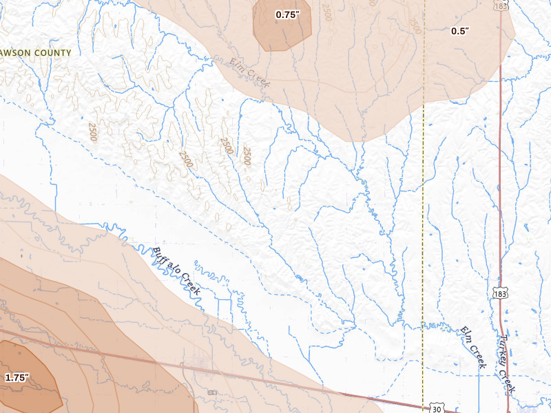 Radar-estimated hail-size map of the storm over Overton, NE on Jul 30, 2026