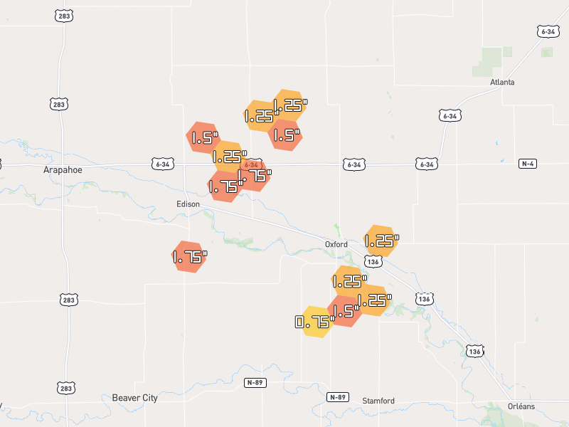 Hail map of Oxford, NE on Jun 3, 2026, hail up to 1.75"