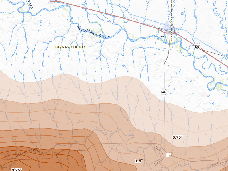 Radar-estimated hail-size map of the storm over Oxford, NE on Jun 8, 2026