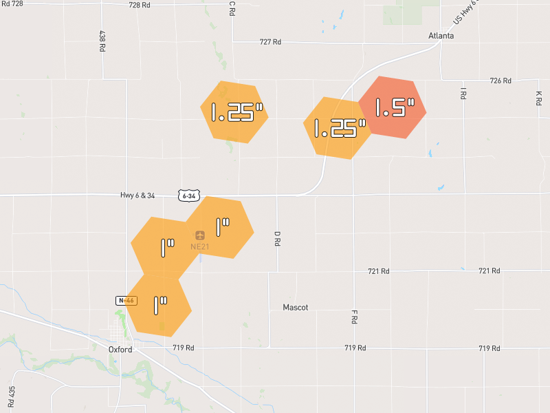 Hail map of Oxford, NE on Jun 9, 2026, hail up to 1.5"