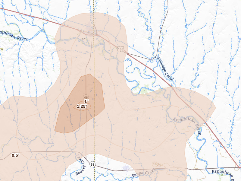 Radar-estimated hail-size map of the storm over Oxford, NE on Aug 13, 2026
