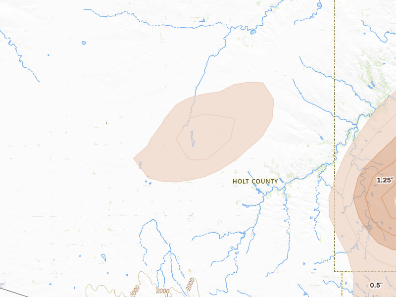 Radar-estimated hail-size map of the storm over Page, NE on Jun 29, 2026