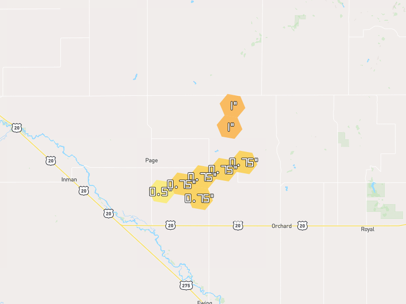 Hail map of Page, NE on Jun 29, 2026, hail up to 1"