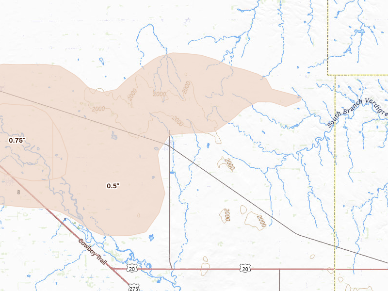 Radar-estimated hail-size map of the storm over Page, NE on Aug 11, 2026