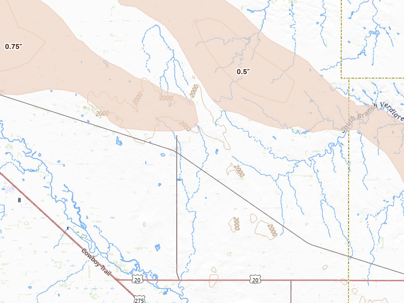 Radar-estimated hail-size map of the storm over Page, NE on Aug 23, 2026
