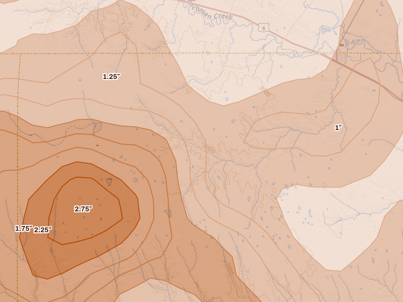 Radar-estimated hail-size map of the storm over Palisade, NE on Jul 2, 2026
