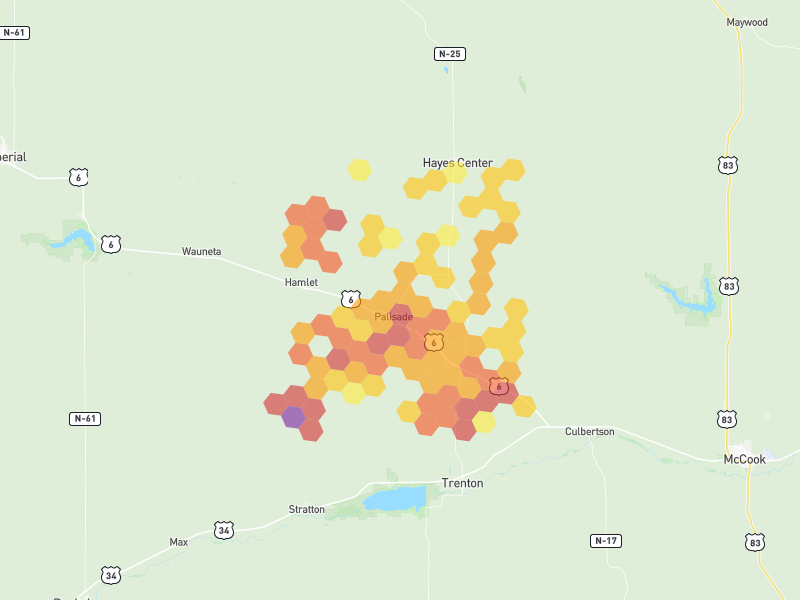 Hail map of Palisade, NE on Jul 3, 2026, hail up to 2.75"