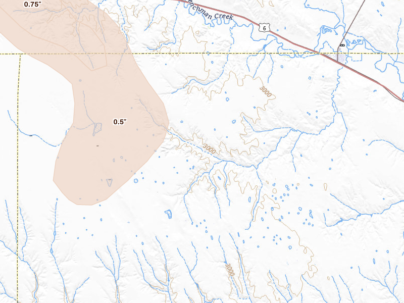 Radar-estimated hail-size map of the storm over Palisade, NE on Jul 8, 2026