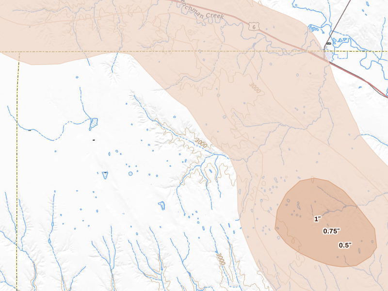 Radar-estimated hail-size map of the storm over Palisade, NE on Jul 27, 2026