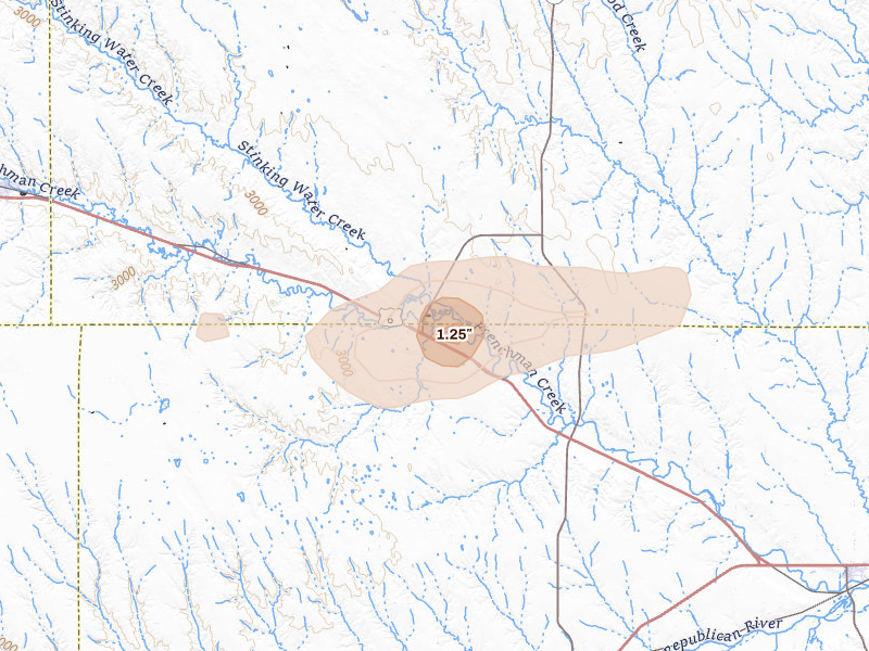 Radar-estimated hail-size map of the storm over Palisade, NE on Aug 3, 2026