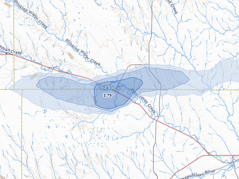 NEXRAD radar-signature map of the hail storm over Palisade, NE on Aug 3, 2026