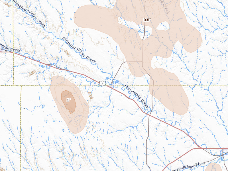 Radar-estimated hail-size map of the storm over Palisade, NE on Aug 27, 2026