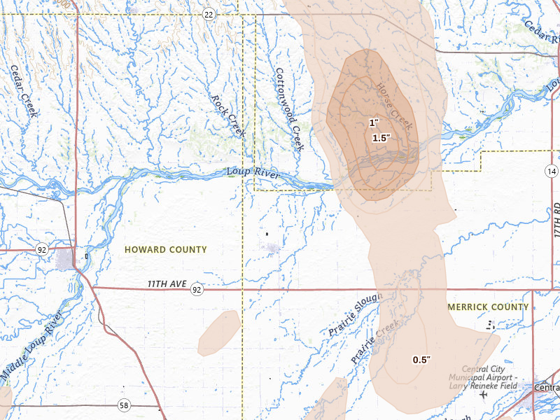 Radar-estimated hail-size map of the storm over Palmer, NE on May 16, 2026