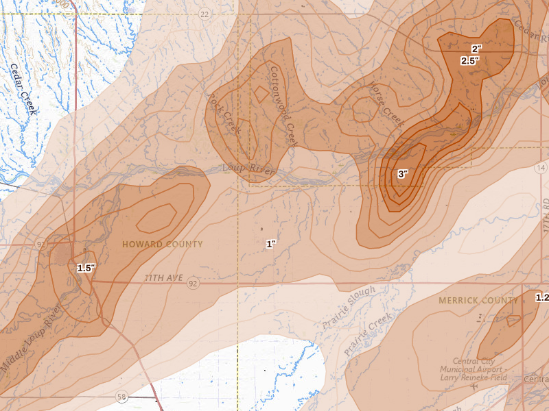 Radar-estimated hail-size map of the storm over Palmer, NE on May 17, 2026