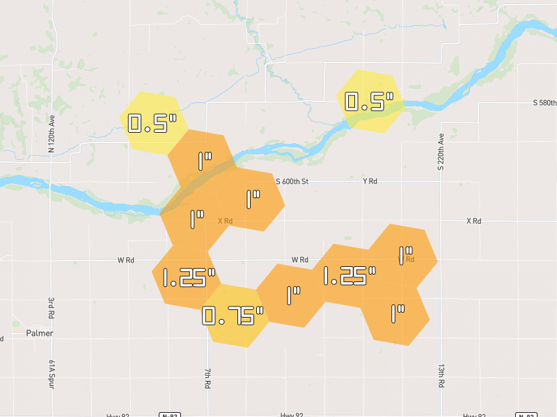 Hail map of Palmer, NE on Jun 6, 2026, hail up to 1.25"