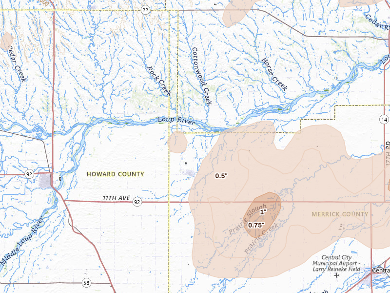 Radar-estimated hail-size map of the storm over Palmer, NE on Jun 12, 2026
