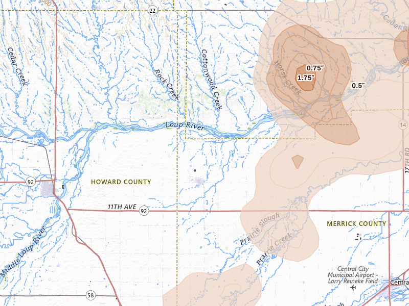 Radar-estimated hail-size map of the storm over Palmer, NE on Jul 8, 2026
