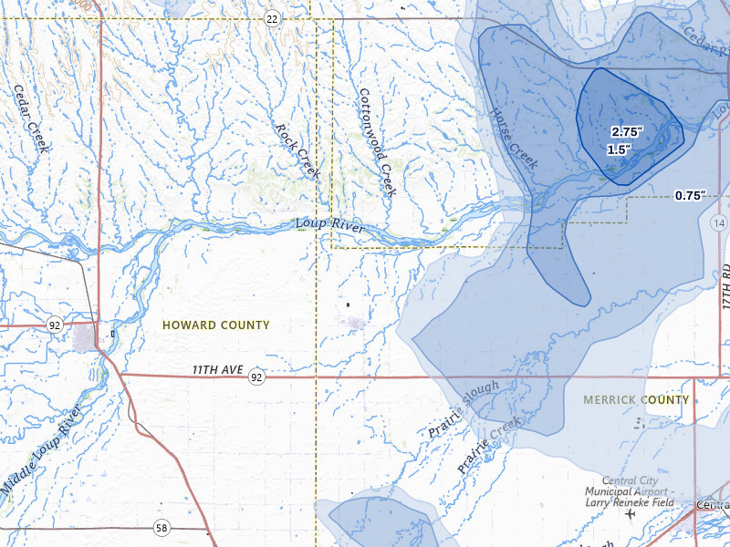 NEXRAD radar-signature map of the hail storm over Palmer, NE on Jul 8, 2026