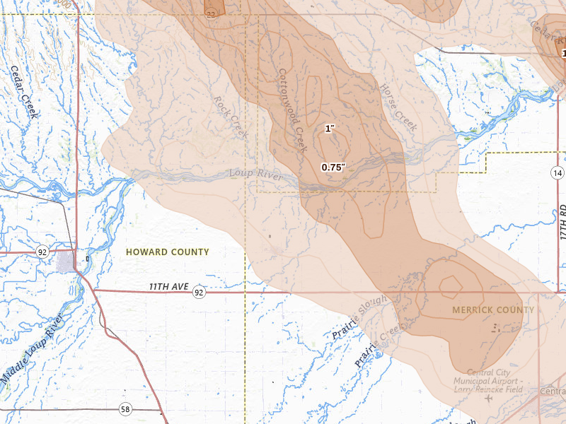 Radar-estimated hail-size map of the storm over Palmer, NE on Aug 19, 2026