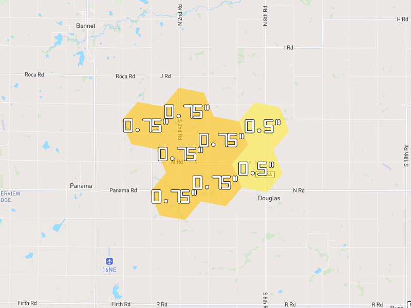 Hail map of Palmyra, NE on Jun 6, 2026, hail up to 0.75"