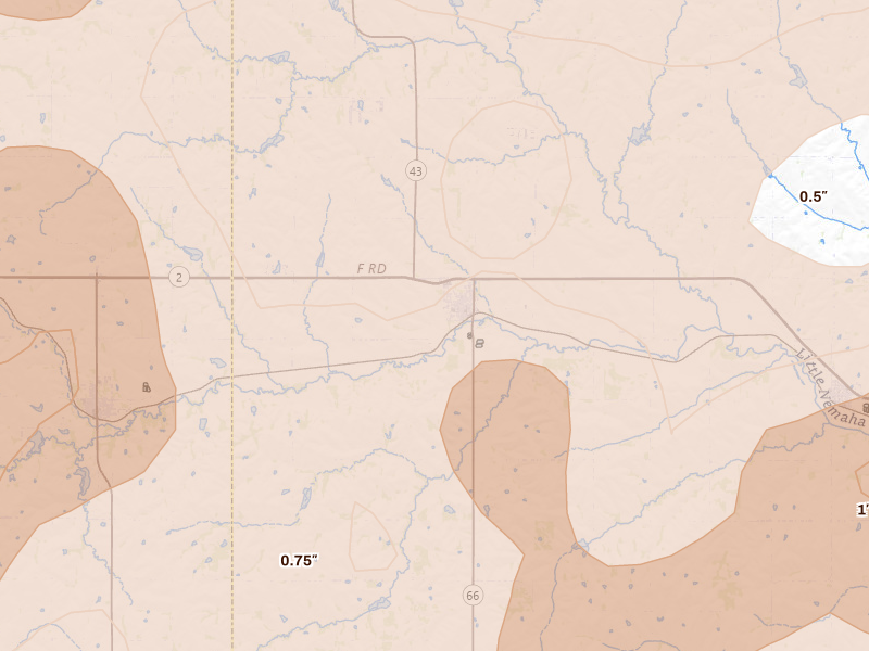Radar-estimated hail-size map of the storm over Palmyra, NE on Jun 10, 2026
