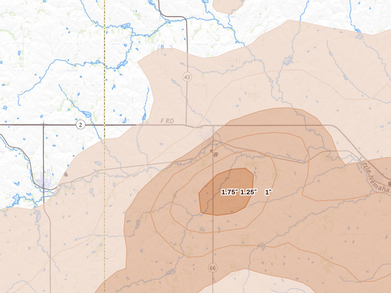 Radar-estimated hail-size map of the storm over Palmyra, NE on Jul 3, 2026