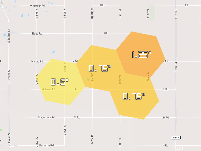 Hail map of Palmyra, NE on Jul 3, 2026, hail up to 1.25"