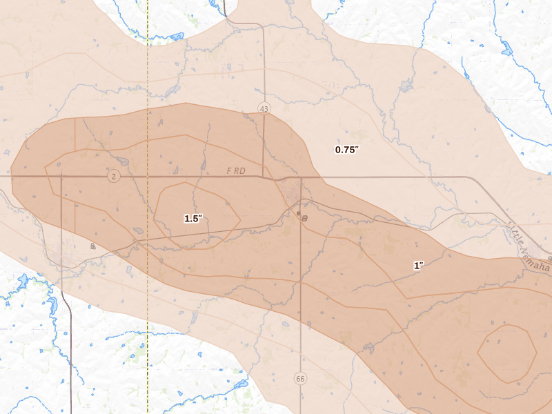 Radar-estimated hail-size map of the storm over Palmyra, NE on Aug 19, 2026